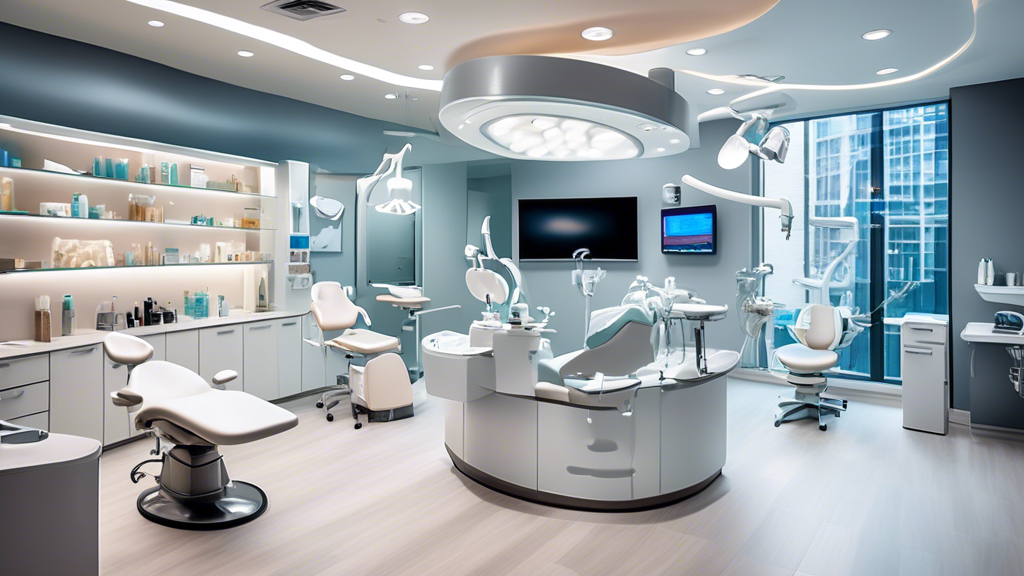 Create an image of a modern and sleek dental office in Chicago, showcasing a team of smiling and professional cosmetic dentists standing in front of state-of-the-art dental equipment and technology. T